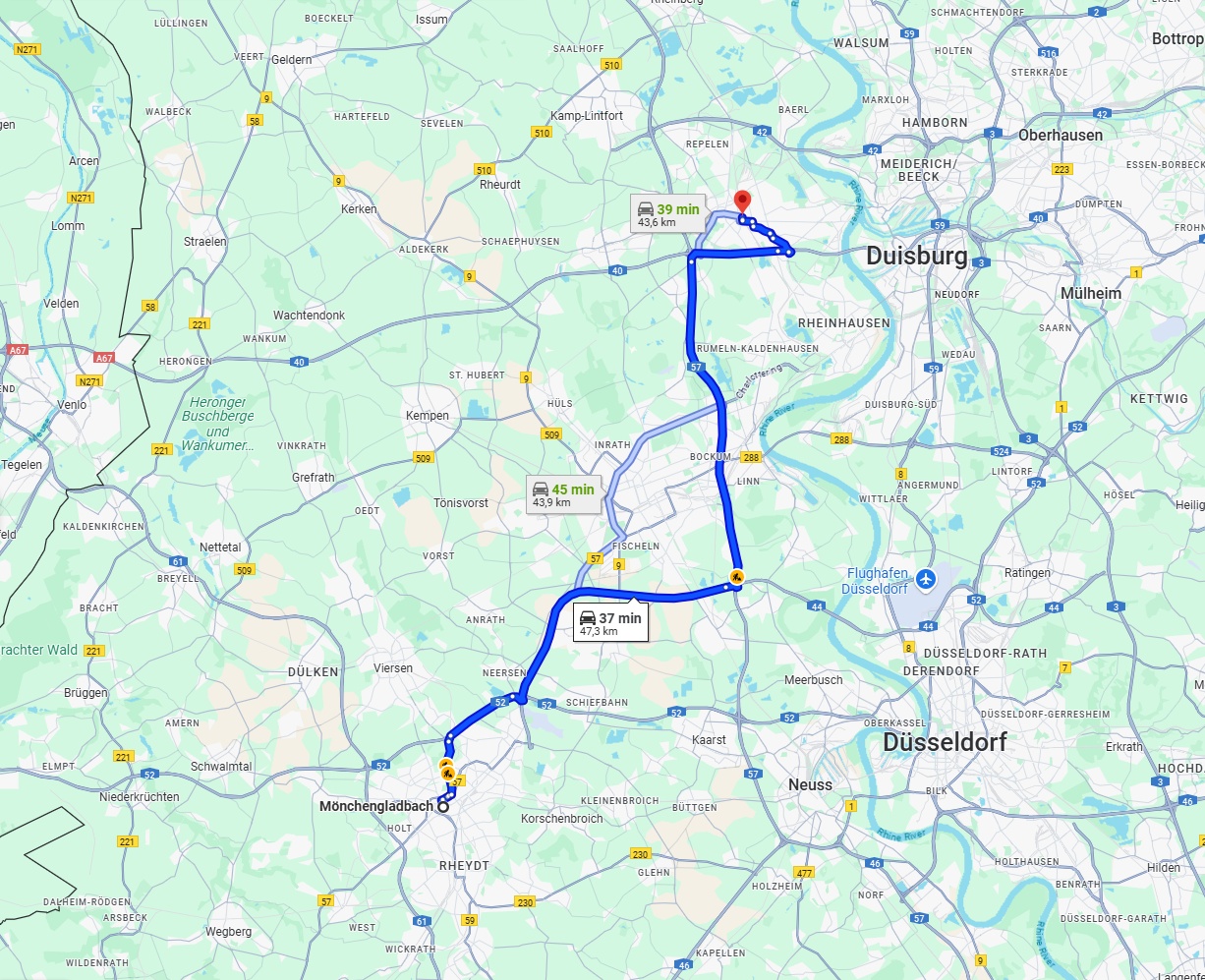 Anreise von Mönchengladbach Zu Moers Über via A44 and A57