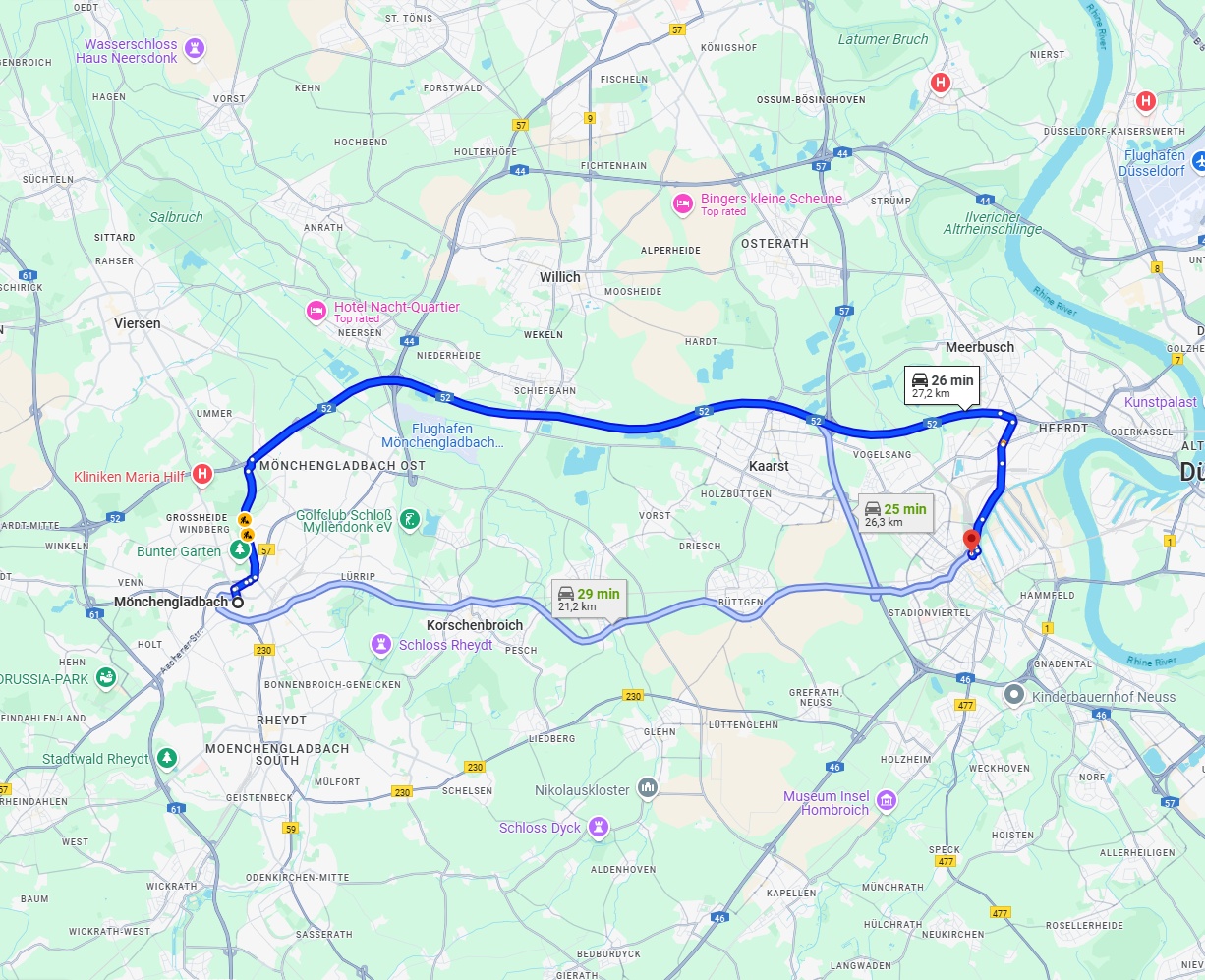 Anreise von Mönchengladbach Zu Neuss Über via A52