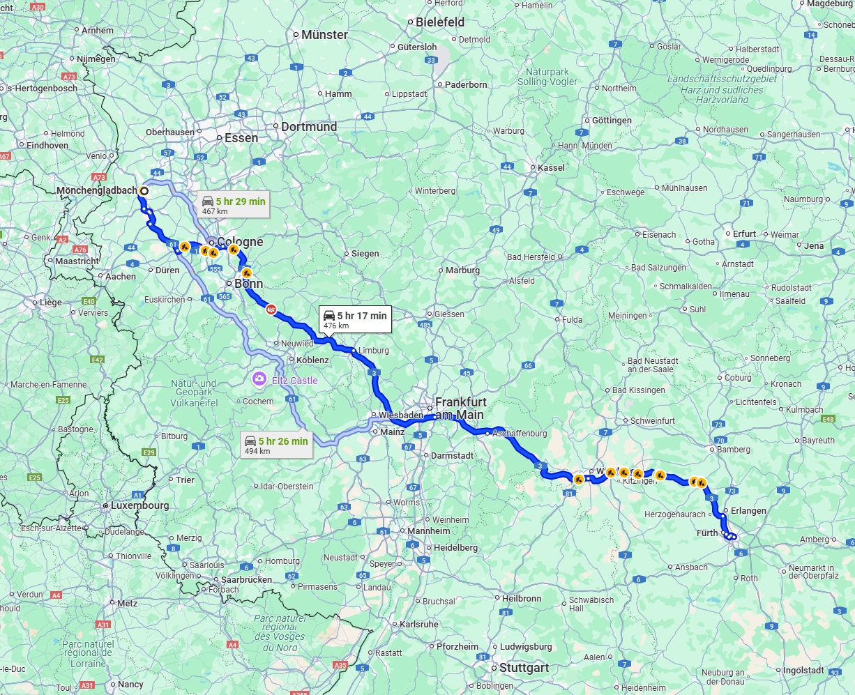 Anreise von Mönchengladbach Zu Nürnberg Über via A3
