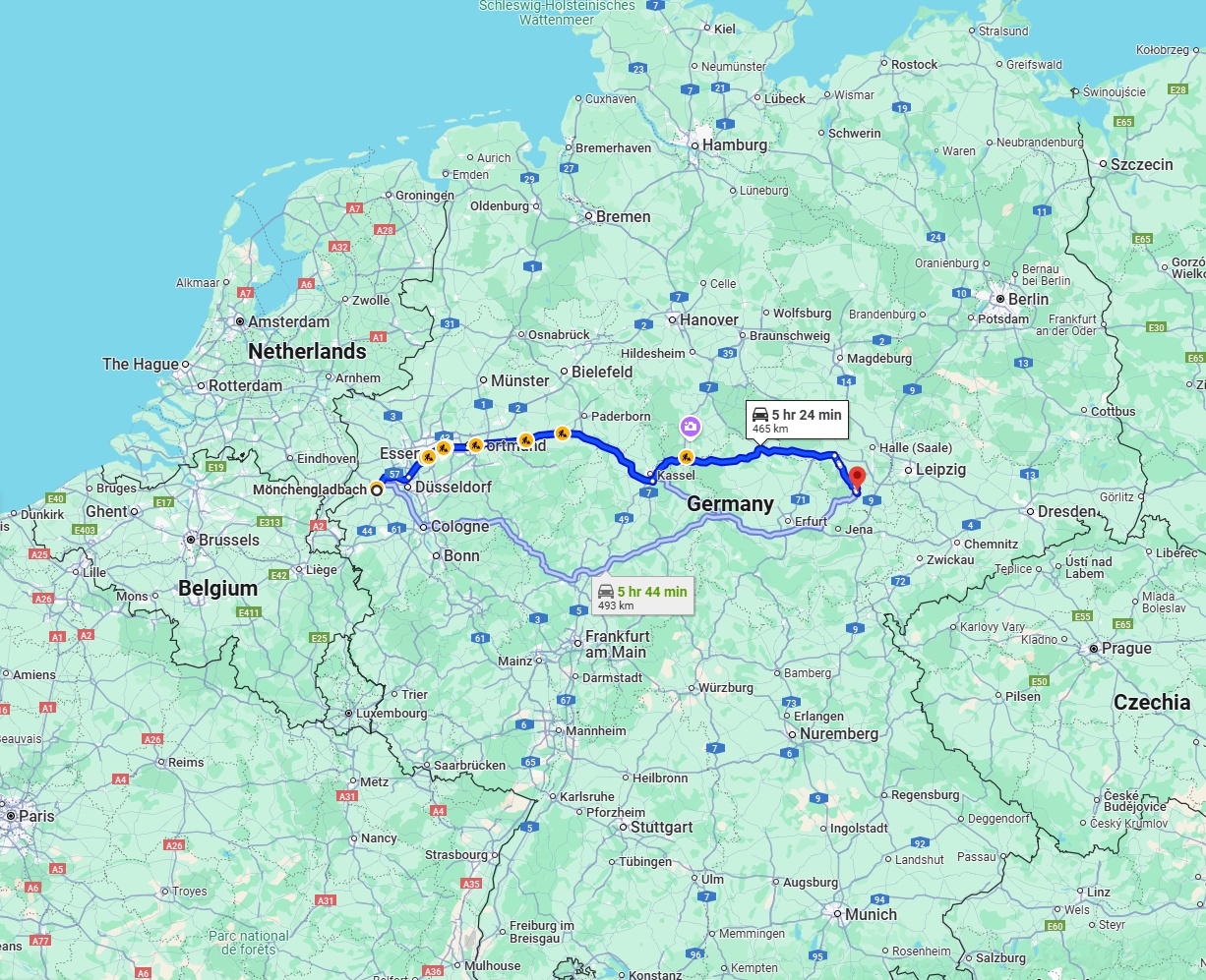 Anreise von Mönchengladbach Zu Saale Über via A44 and A38