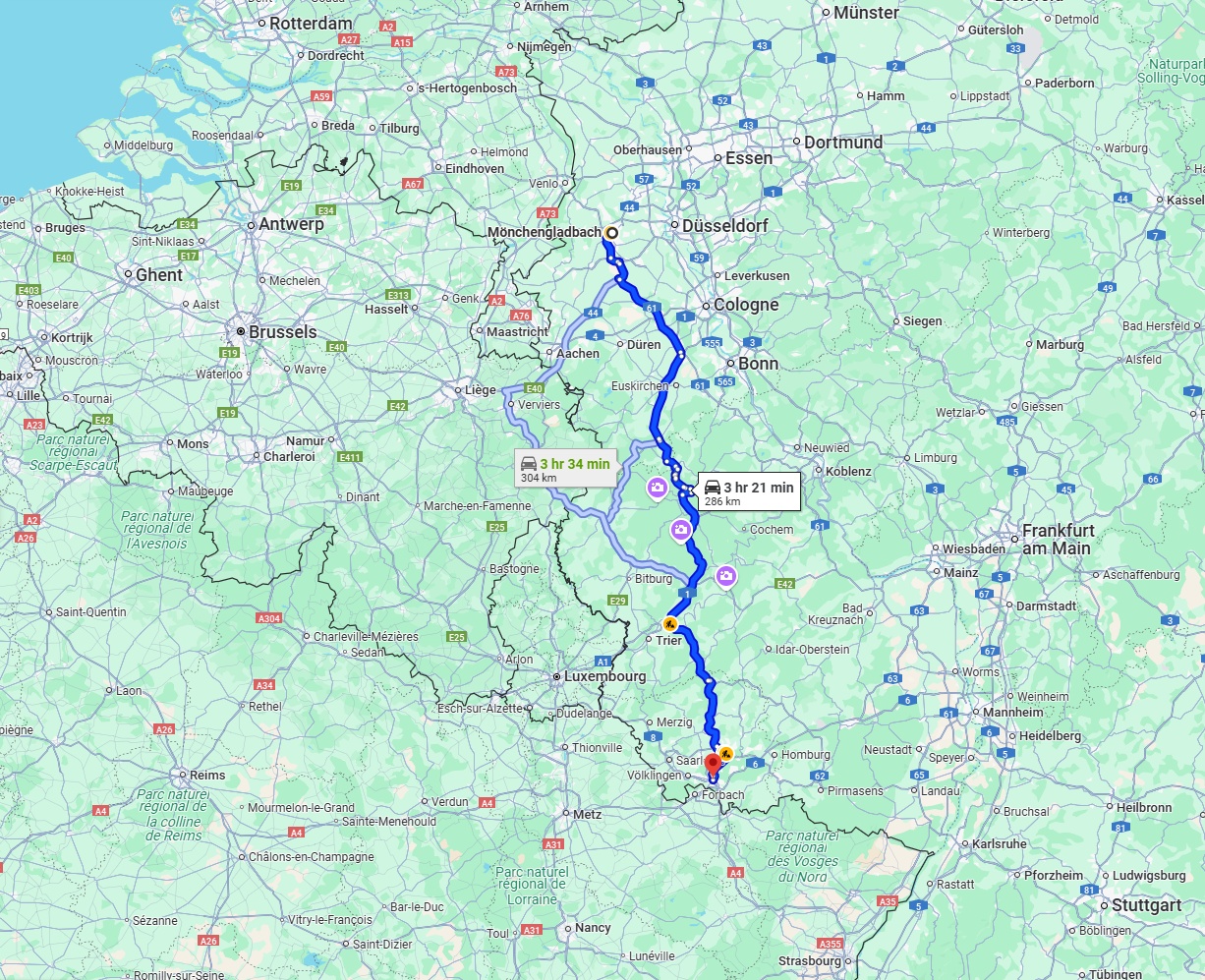Anreise von Mönchengladbach Zu Saarbrücken Über via A1