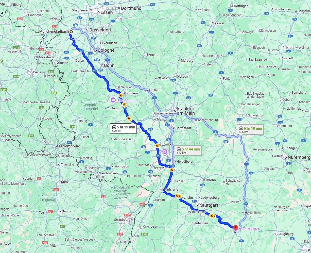 Anreise von Mönchengladbach Zu Ulm Über via A61 and A8