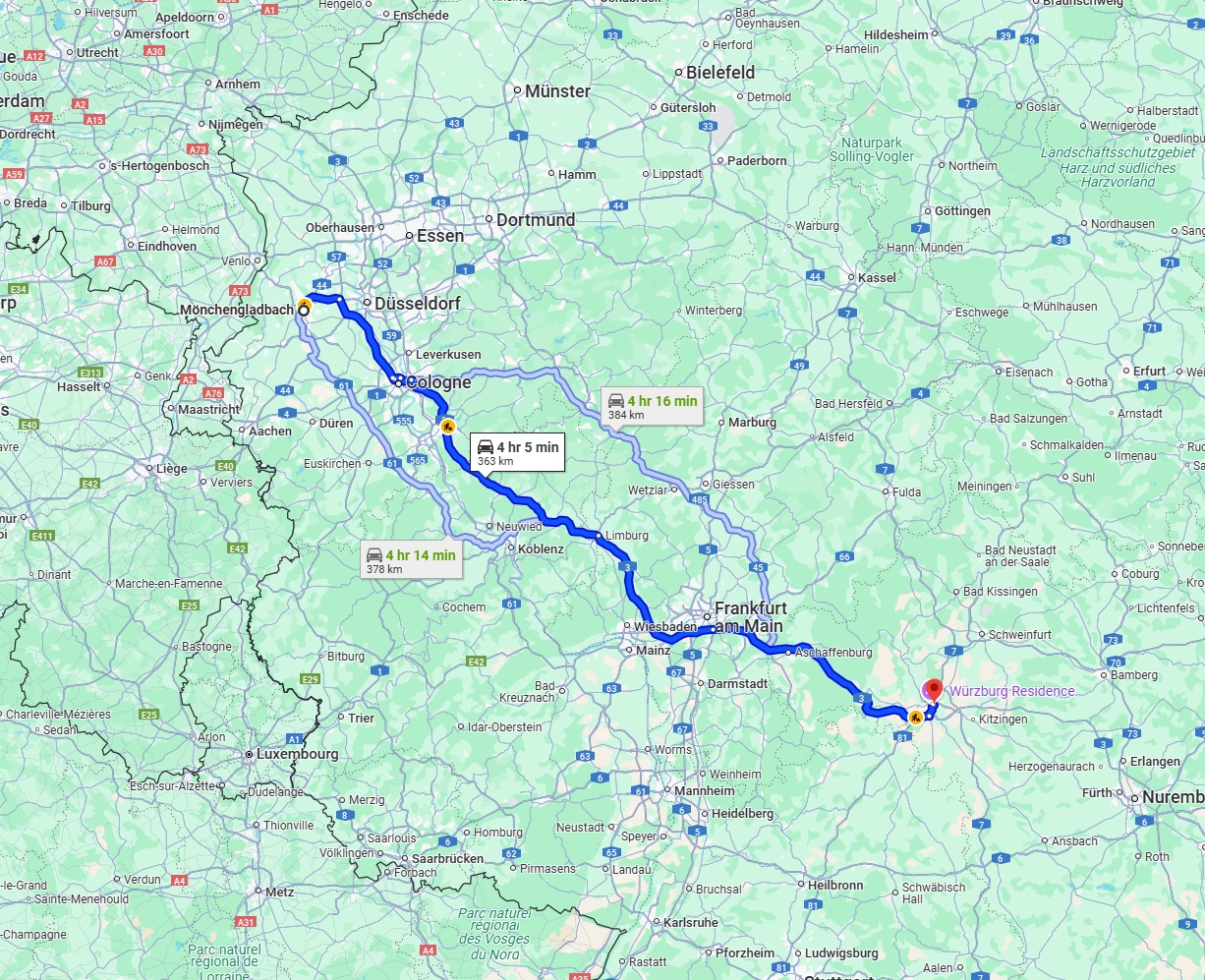 Anreise von Mönchengladbach Zu Würzburg Über via A3