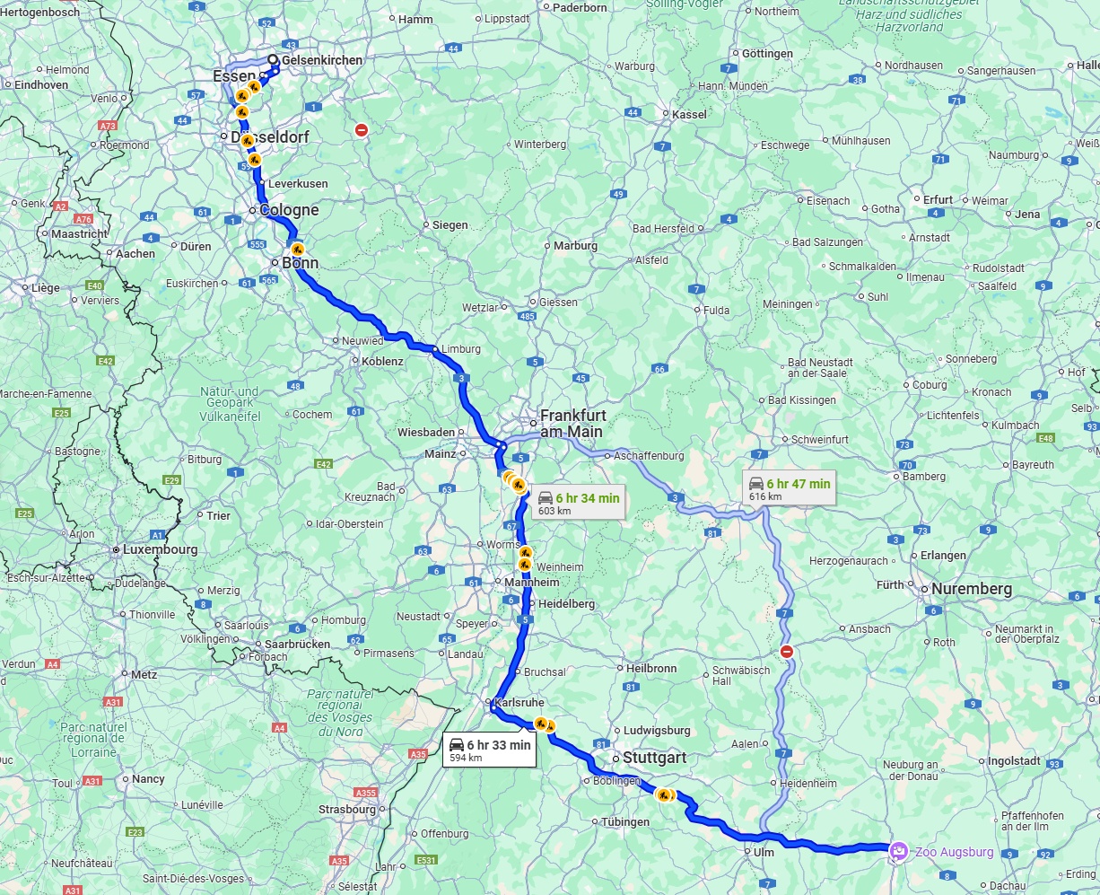 Anreise von Gelsenkirchen Zu Augsburg Über via A3 and A8