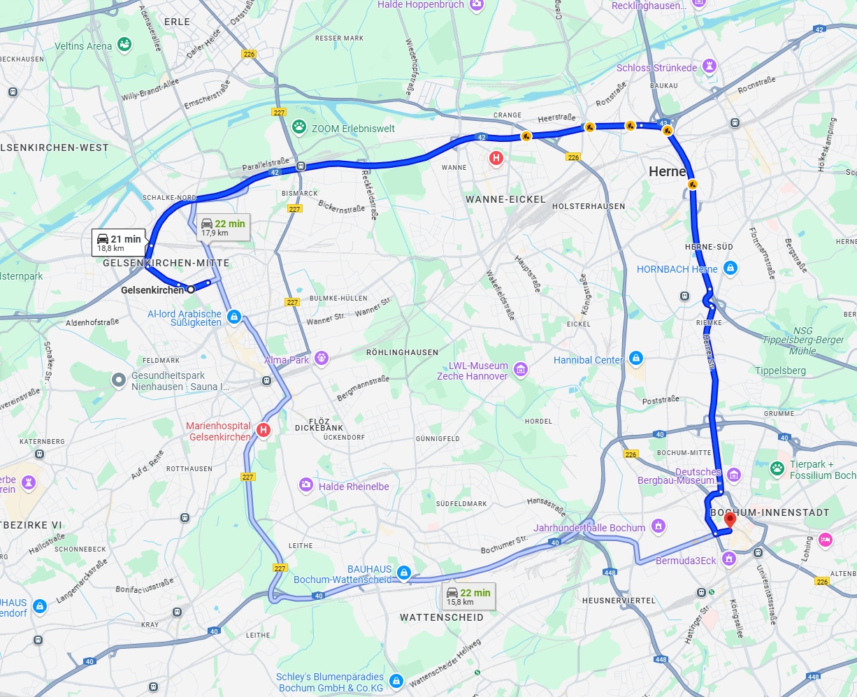 Anreise von Gelsenkirchen Zu Bochum Über via A42