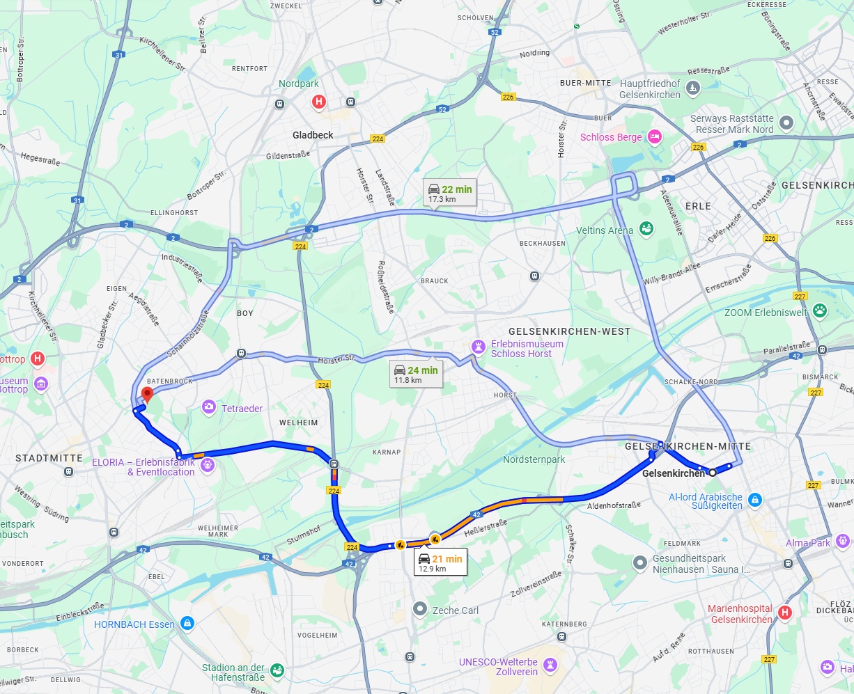 Anreise von Gelsenkirchen Zu Bottrop Über via A42