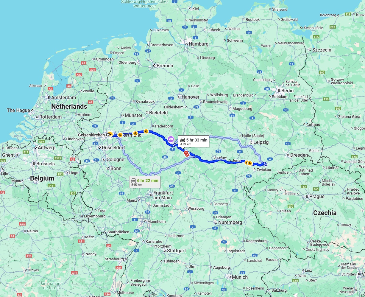 Anreise von Gelsenkirchen Zu Chemnitz Über via A44 and A4