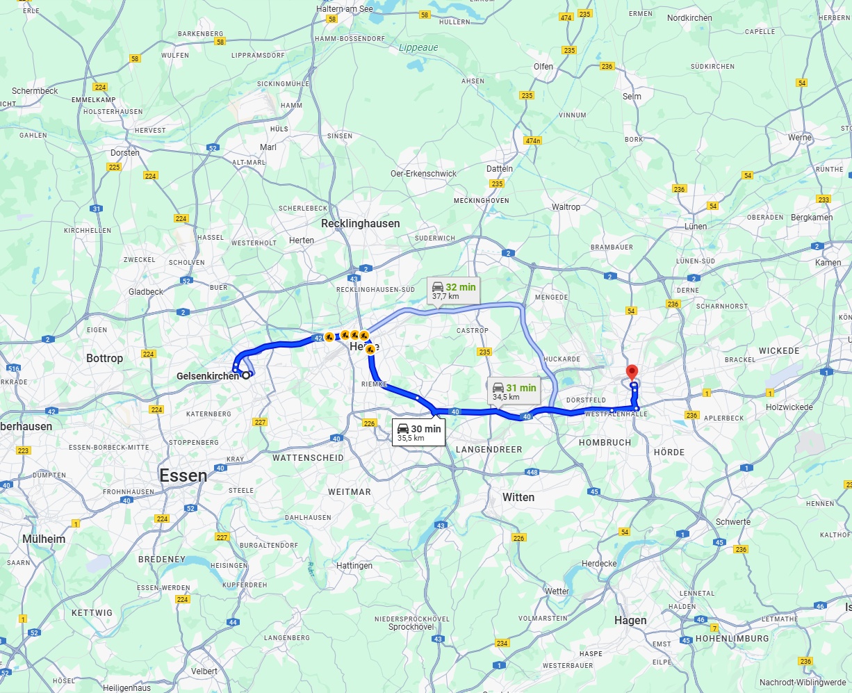 Anreise von Gelsenkirchen Zu Dortmund Über via A42 and A40
