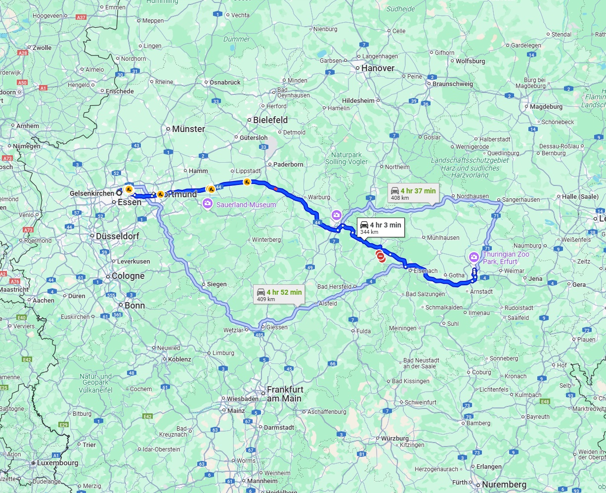 Anreise von Gelsenkirchen Zu Erfurt Über via A44