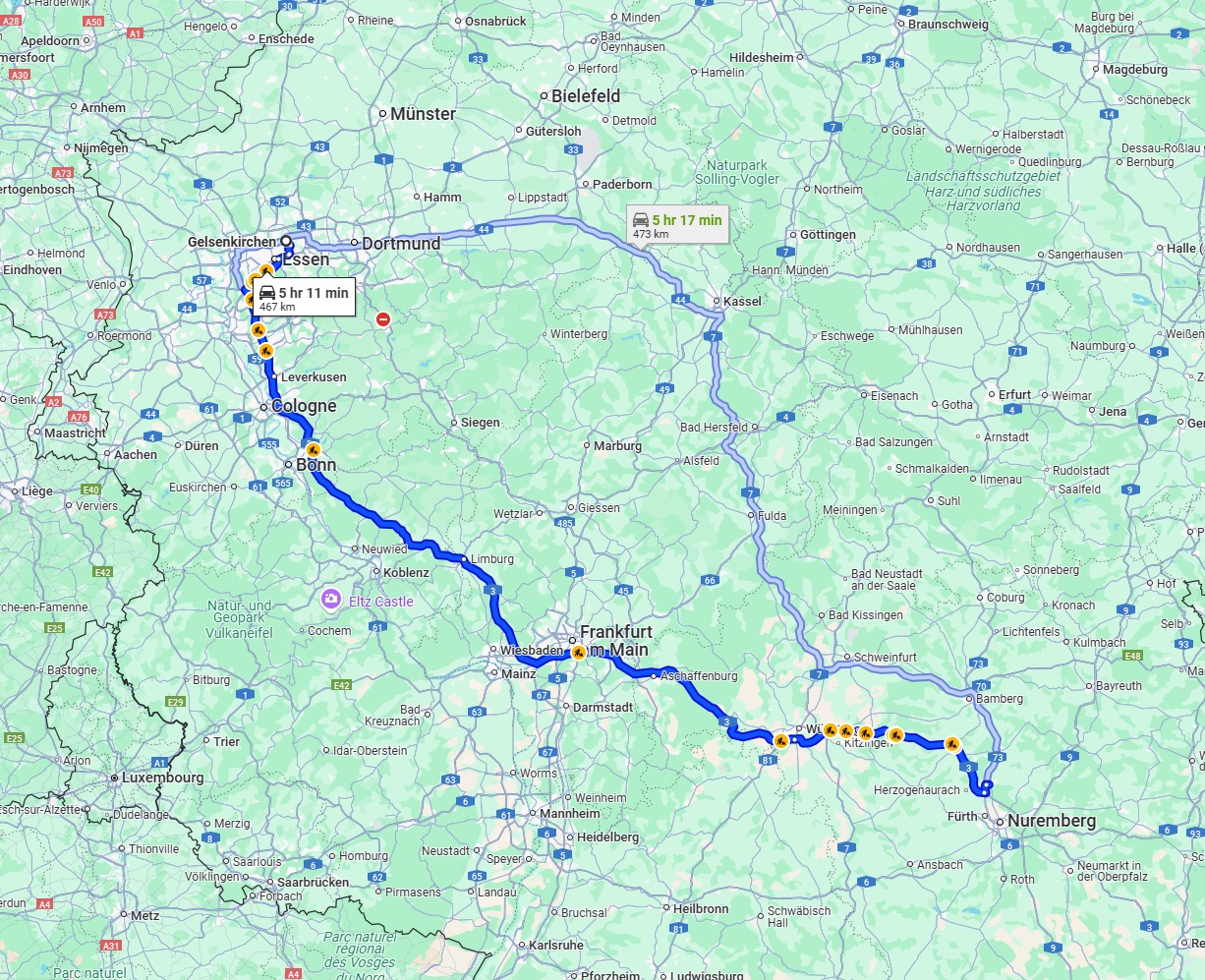 Anreise von Gelsenkirchen Zu Erlangen Über via A3