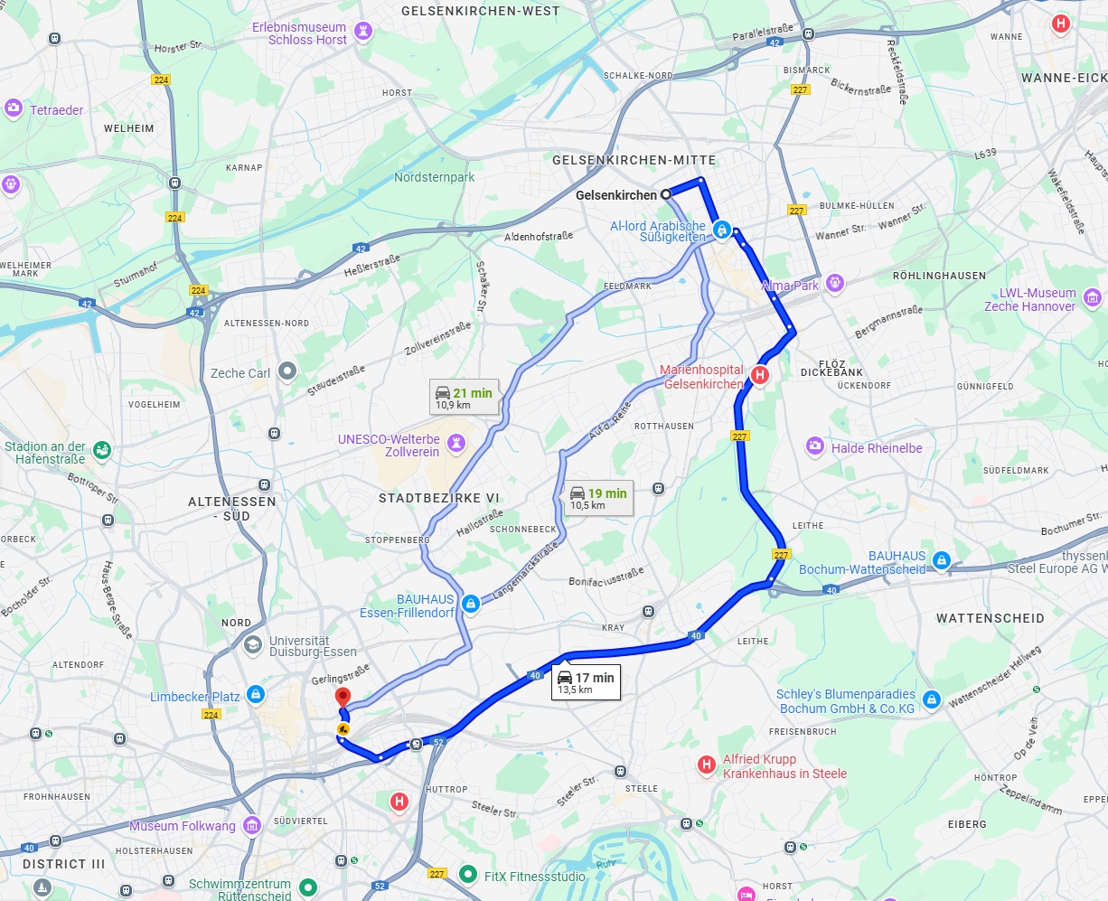 Anreise von Gelsenkirchen Zu Essen Über via B227 and A40