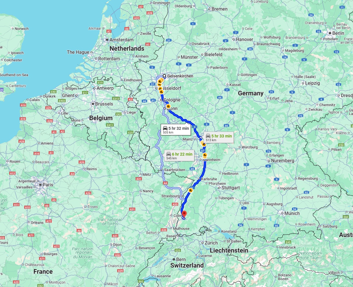 Anreise von Gelsenkirchen Zu Freiburg im Breisgau Über via A3 and A5