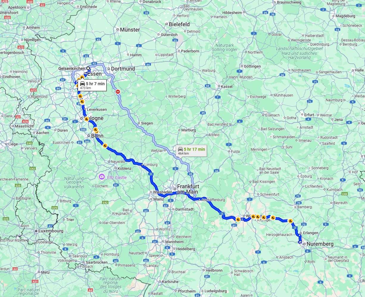 Anreise von Gelsenkirchen Zu Fürth Über via A3