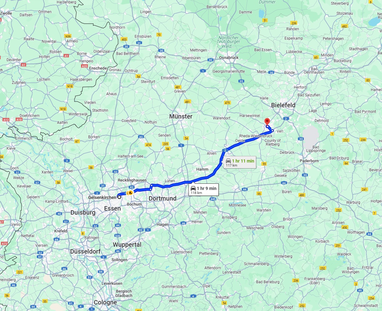 Anreise von Gelsenkirchen Zu Gütersloh Über via A2