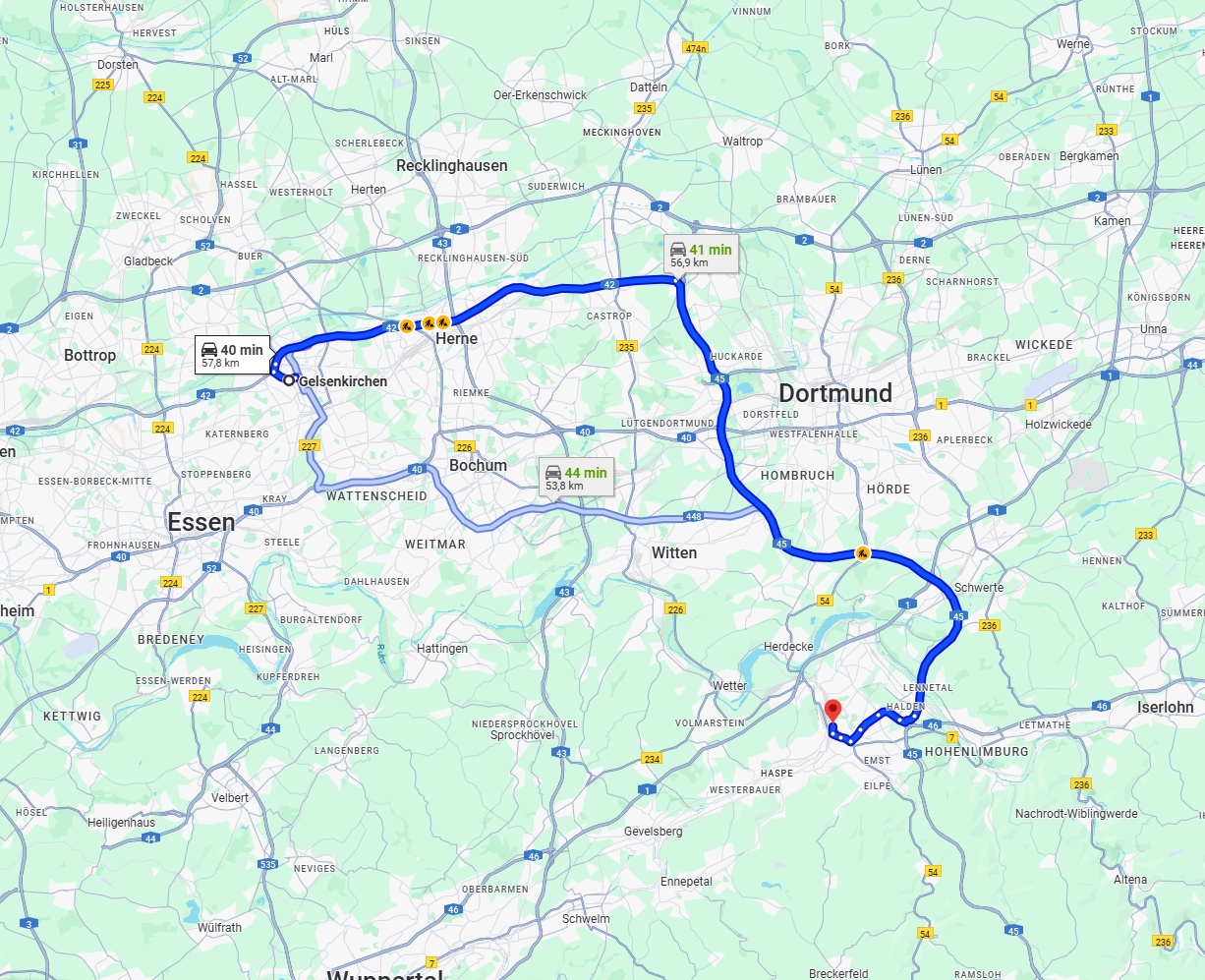 Anreise von Gelsenkirchen Zu Hagen Über via A42 and A45