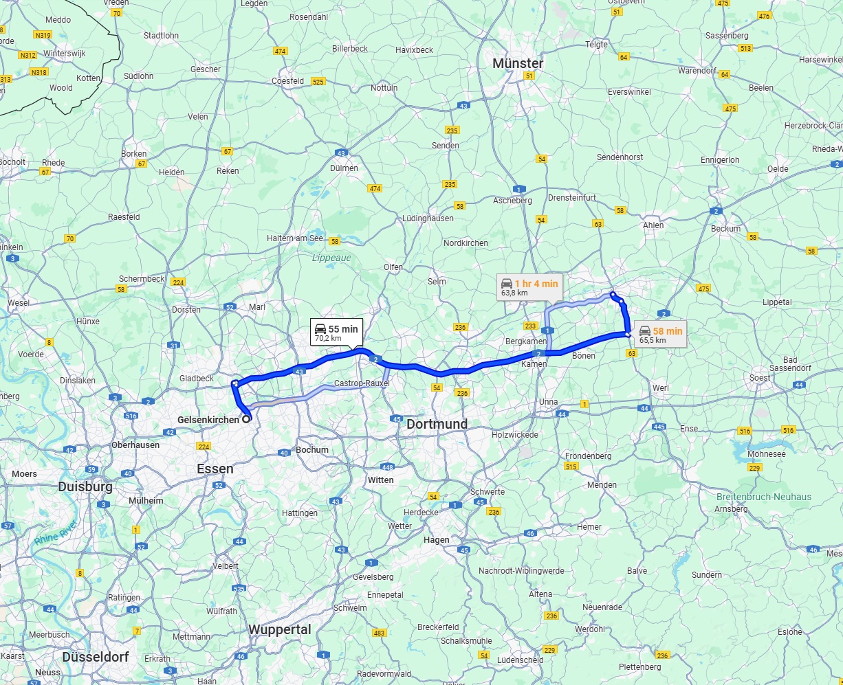 Anreise von Gelsenkirchen Zu Hamm Über via A2