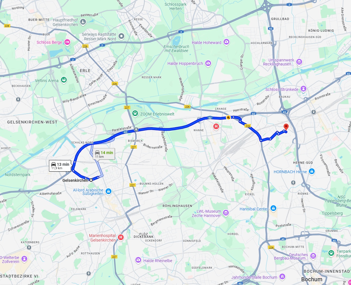 Anreise von Gelsenkirchen Zu Herne Über via A42