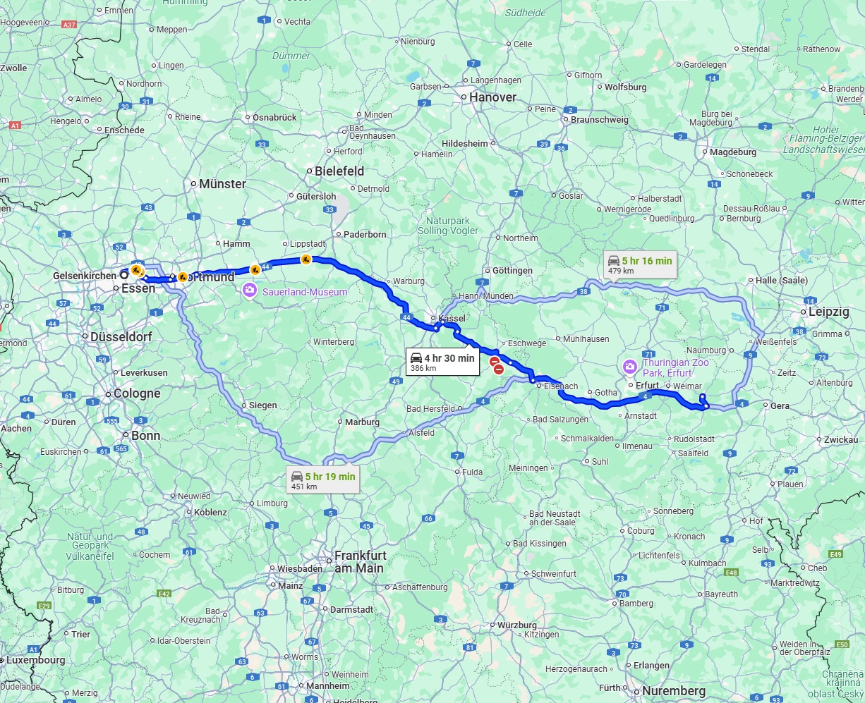 Anreise von Gelsenkirchen Zu Jena Über via A44 and A4