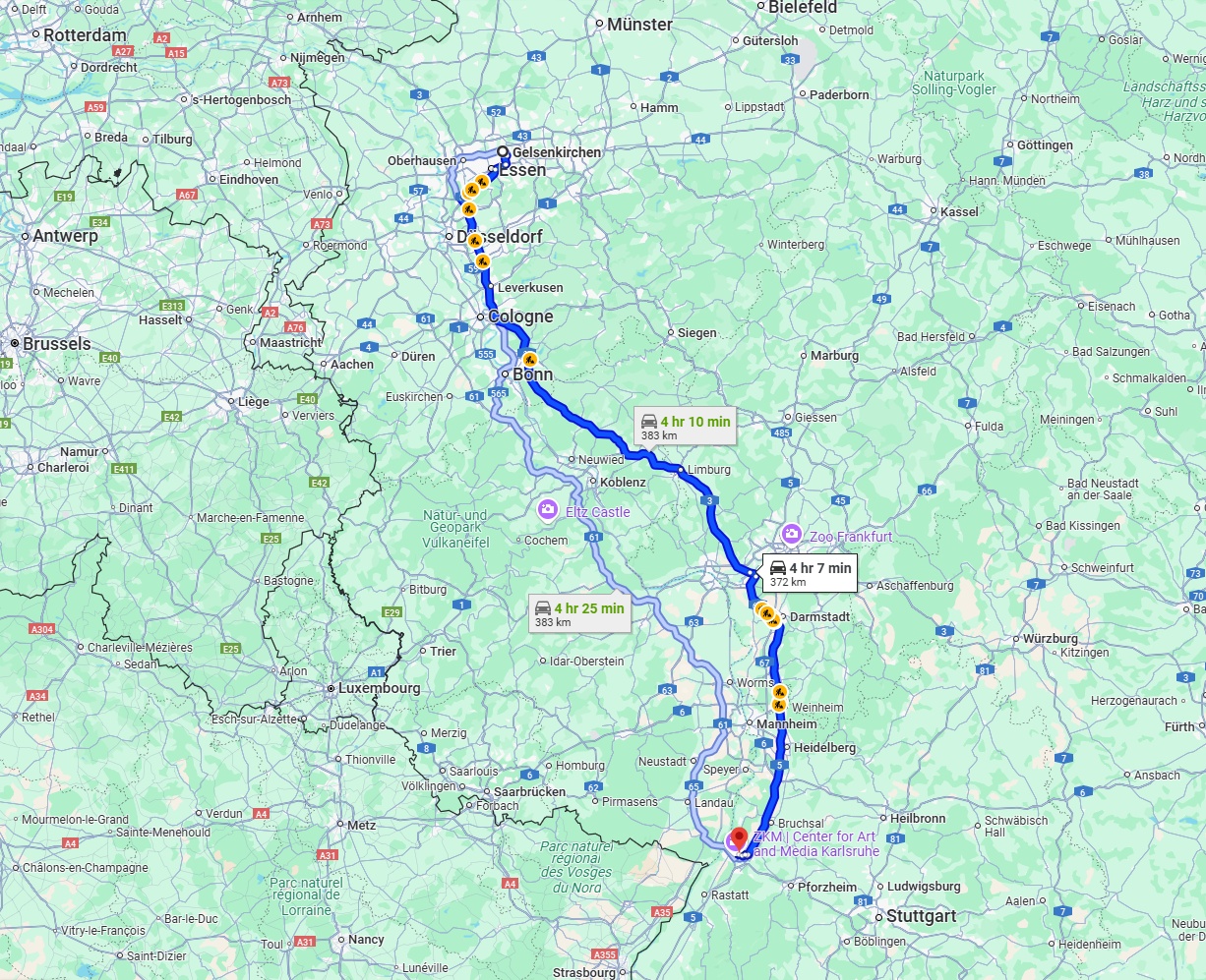 Anreise von Gelsenkirchen Zu Karlsruhe Über via A3 and A5
