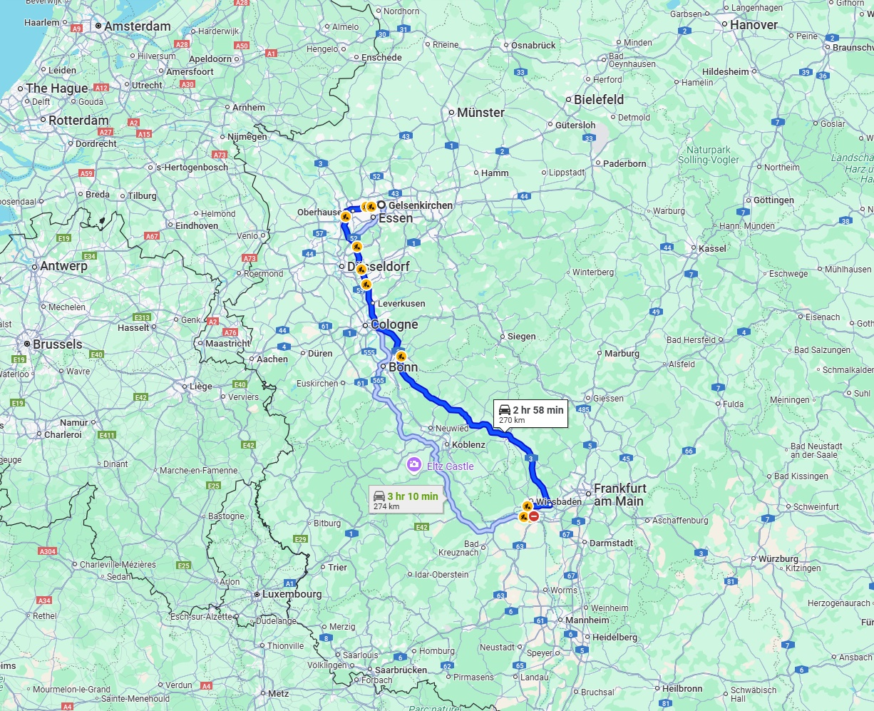 Anreise von Gelsenkirchen Zu Mainz Über via A3