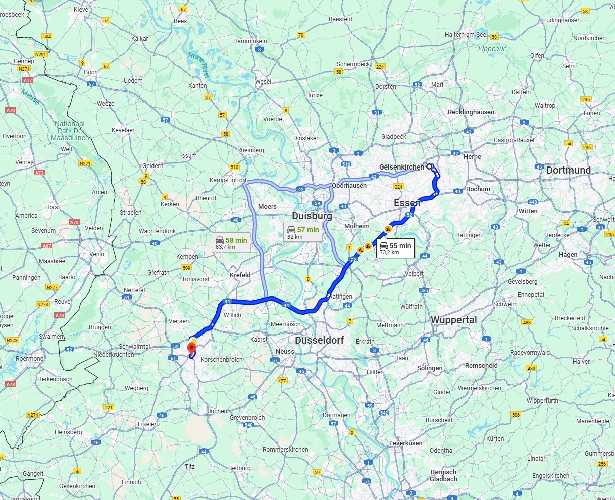 Anreise von Gelsenkirchen Zu Mönchengladbach Über via A44 and A52