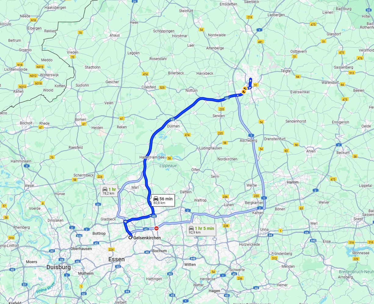 Anreise von Gelsenkirchen Zu Münster Über via A43