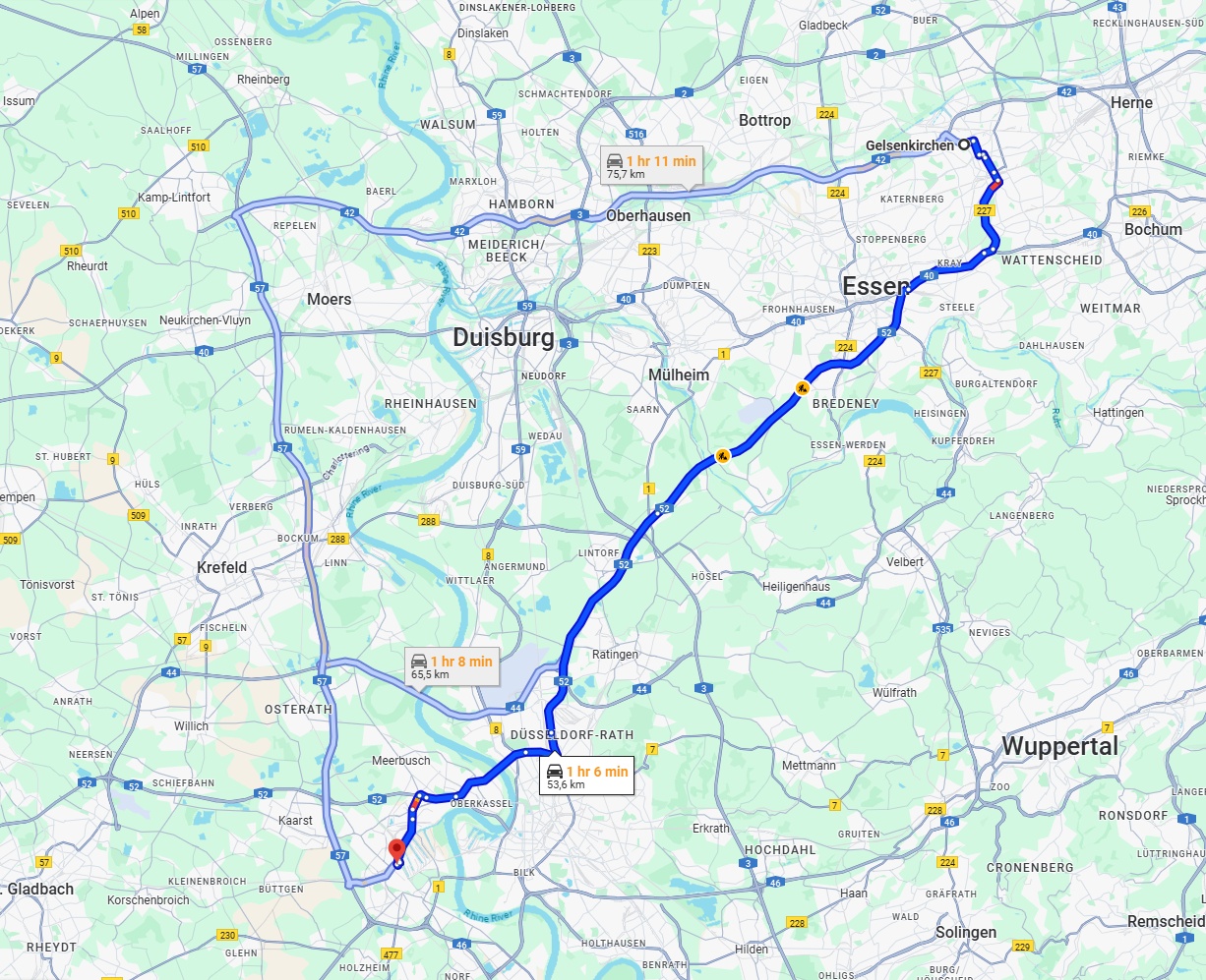 Anreise von Gelsenkirchen Zu Neuss Über via A52