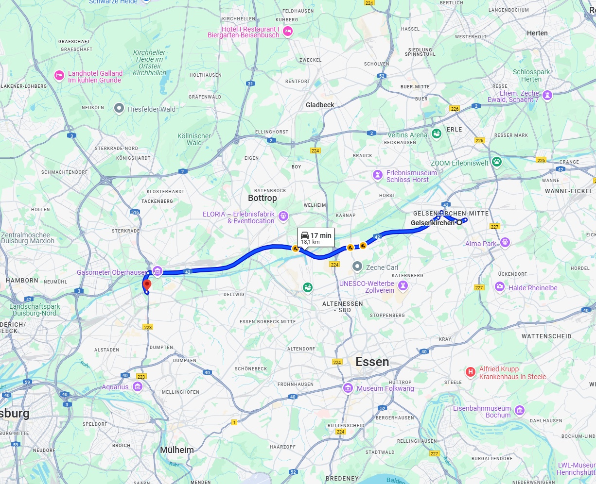 Anreise von Gelsenkirchen Zu Oberhausen Über via A42