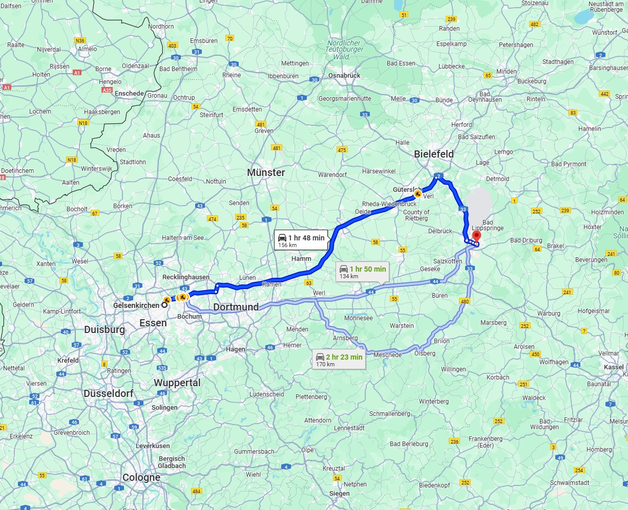 Anreise von Gelsenkirchen Zu Paderborn Über via A2