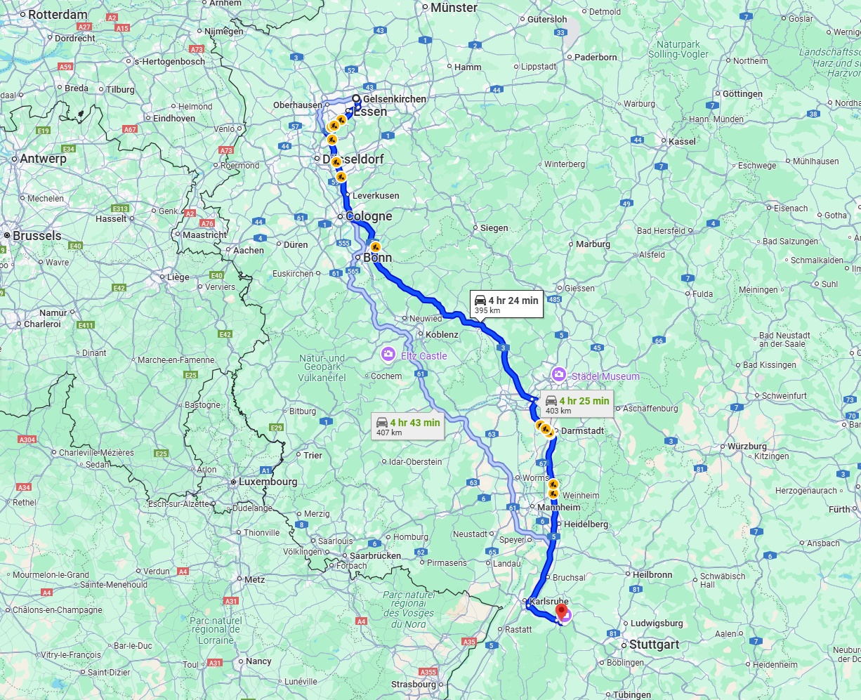 Anreise von Gelsenkirchen Zu Pforzheim Über via A3 and A5