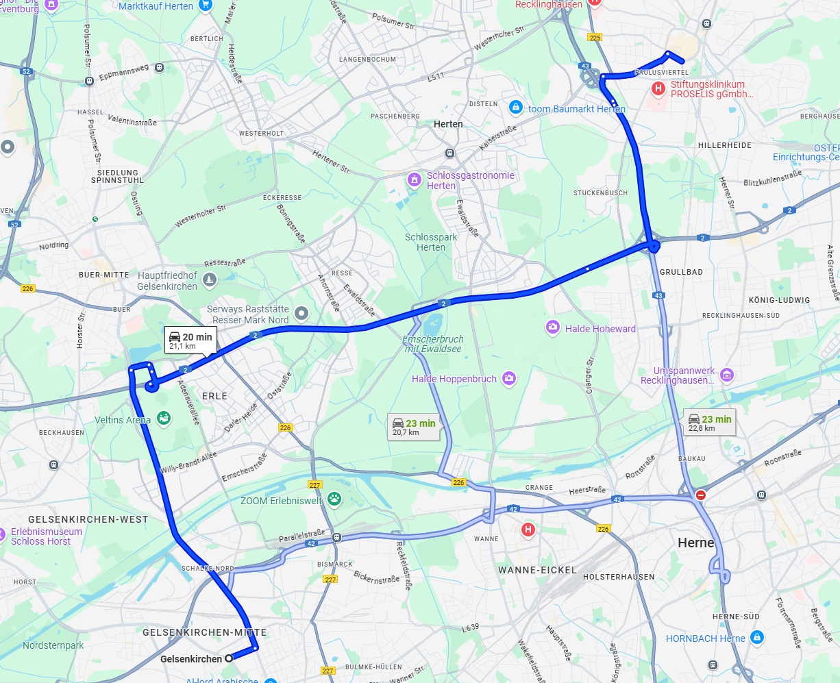Anreise von Gelsenkirchen Zu Recklinghausen Über via Kurt-Schumacher-Straße and A2