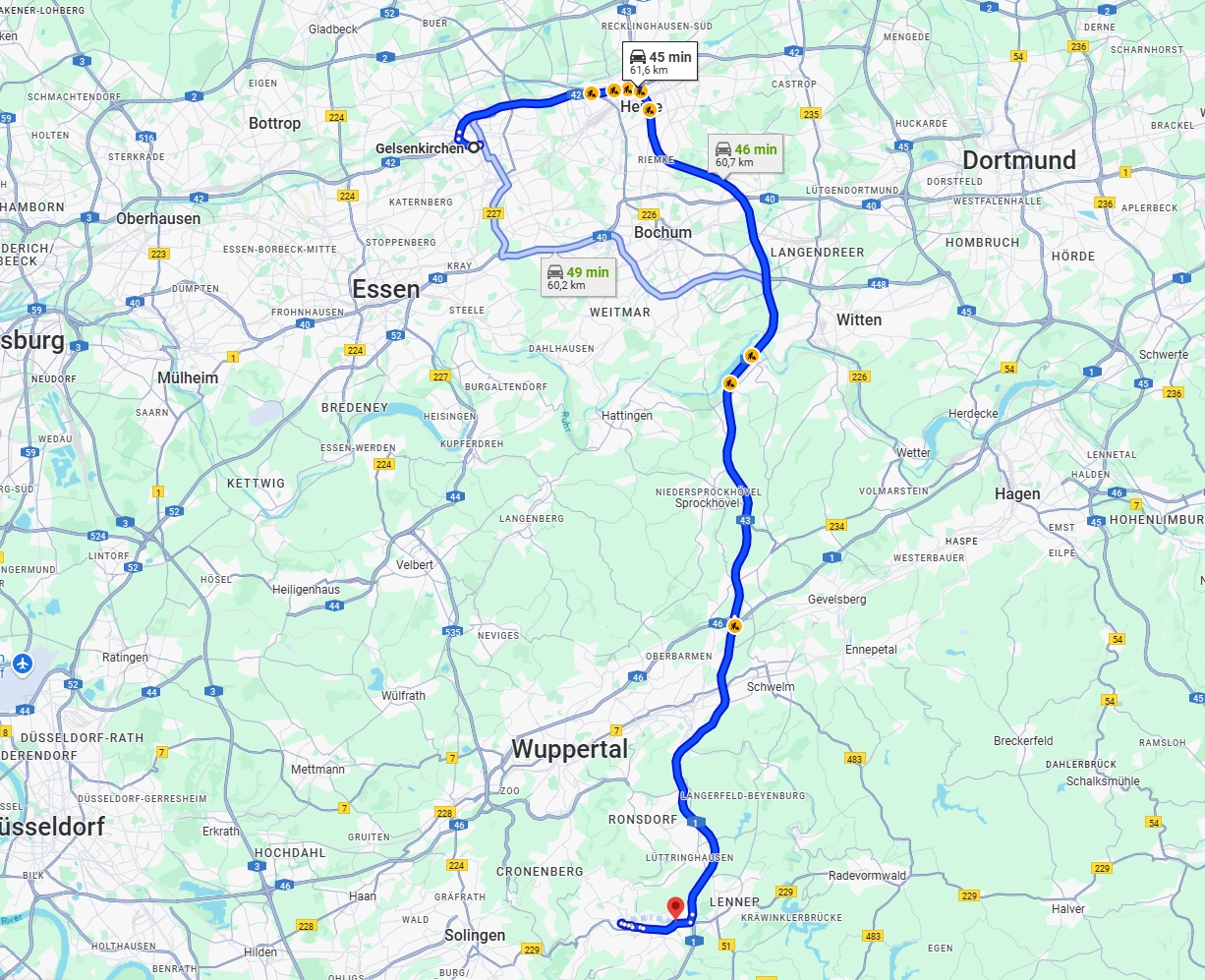 Anreise von Gelsenkirchen Zu Remscheid Über via A43 and A1
