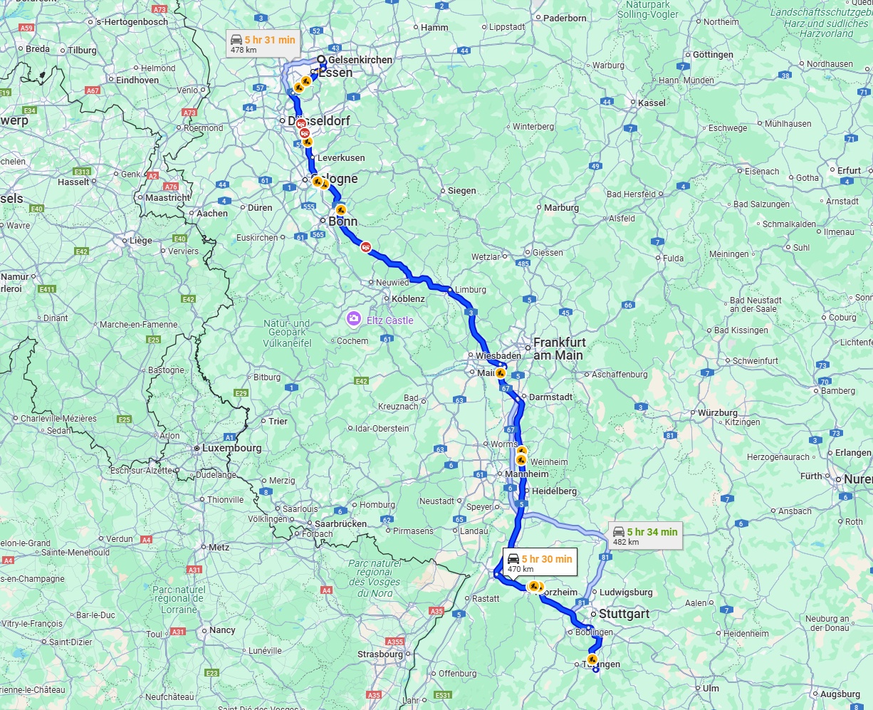 Anreise von Gelsenkirchen Zu Reutlingen Über via A3