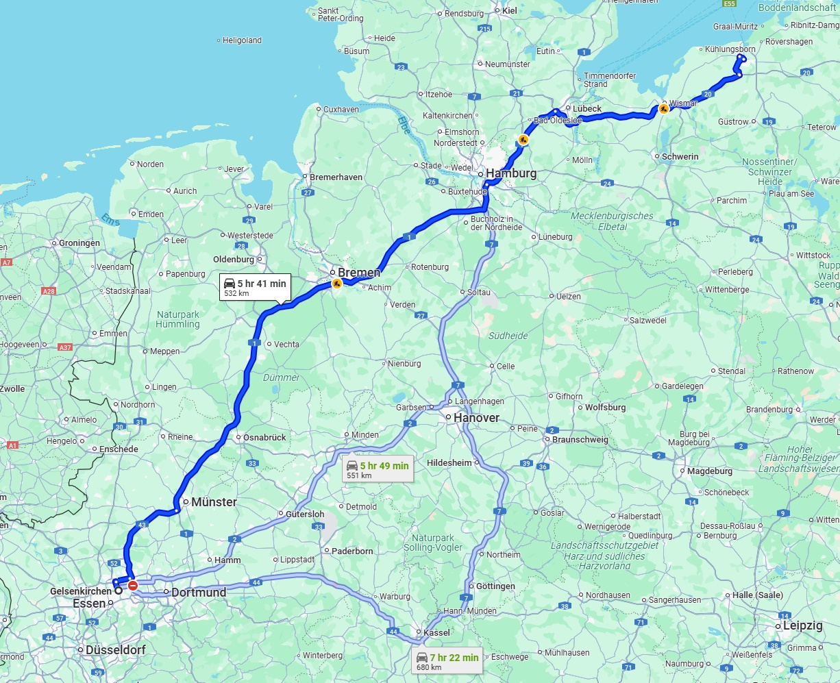 Anreise von Gelsenkirchen Zu Rostock Über via A1
