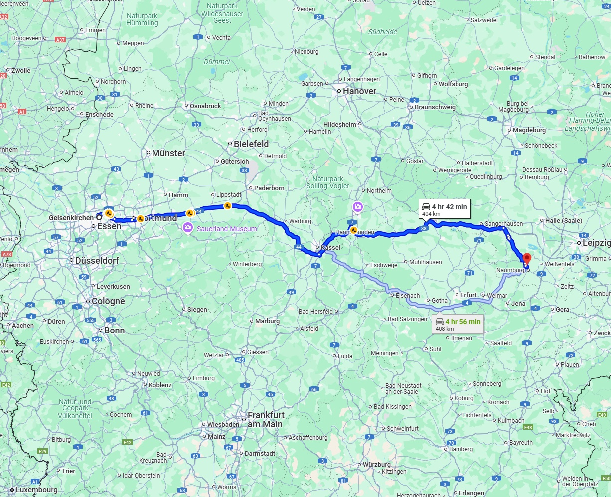 Anreise von Gelsenkirchen Zu Saale Über via A44 and A38