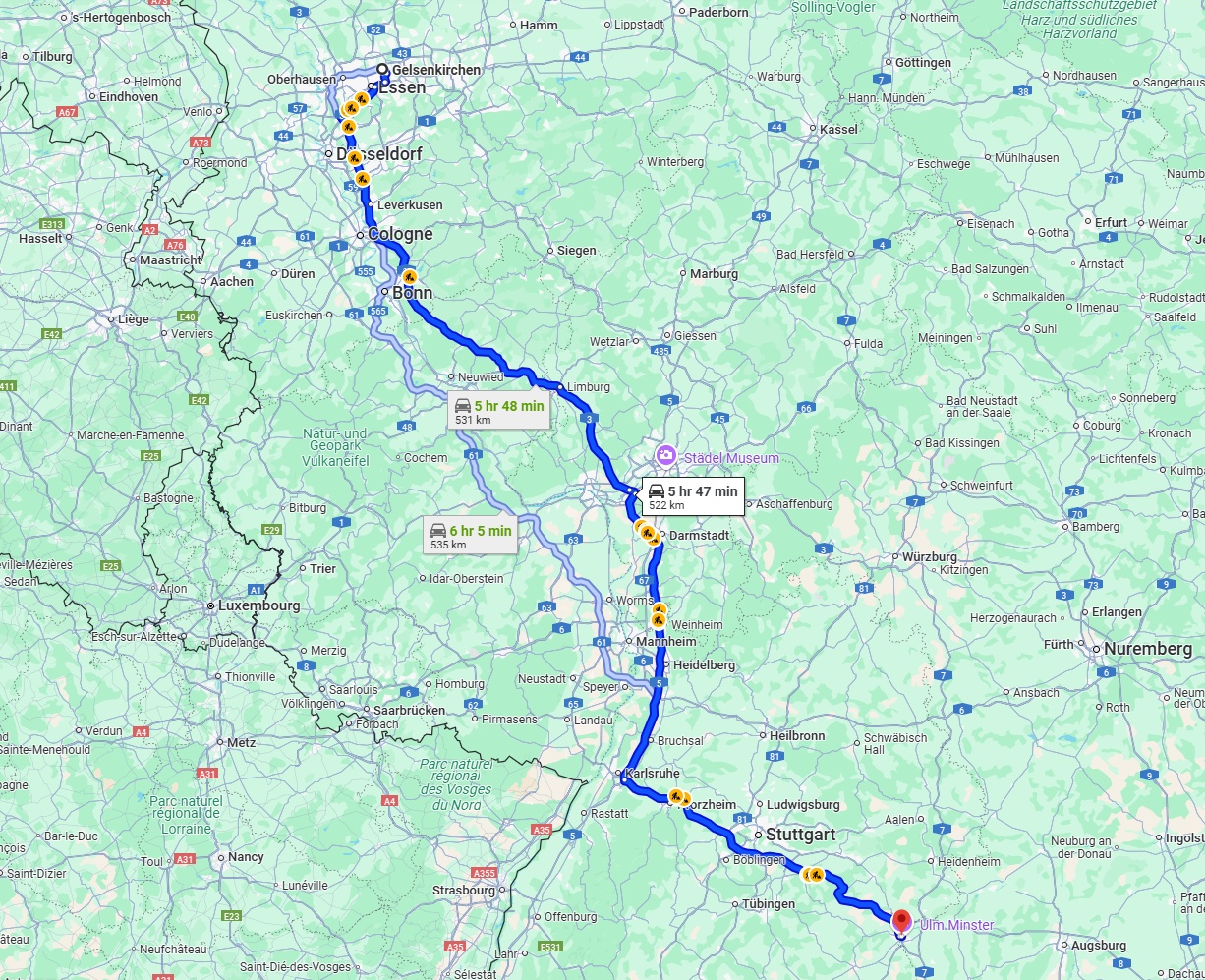Anreise von Gelsenkirchen Zu Ulm Über via A3 and A8