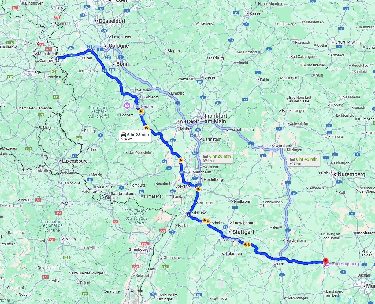 Anreise von Aachen Zu Augsburg Über via A61 and A8