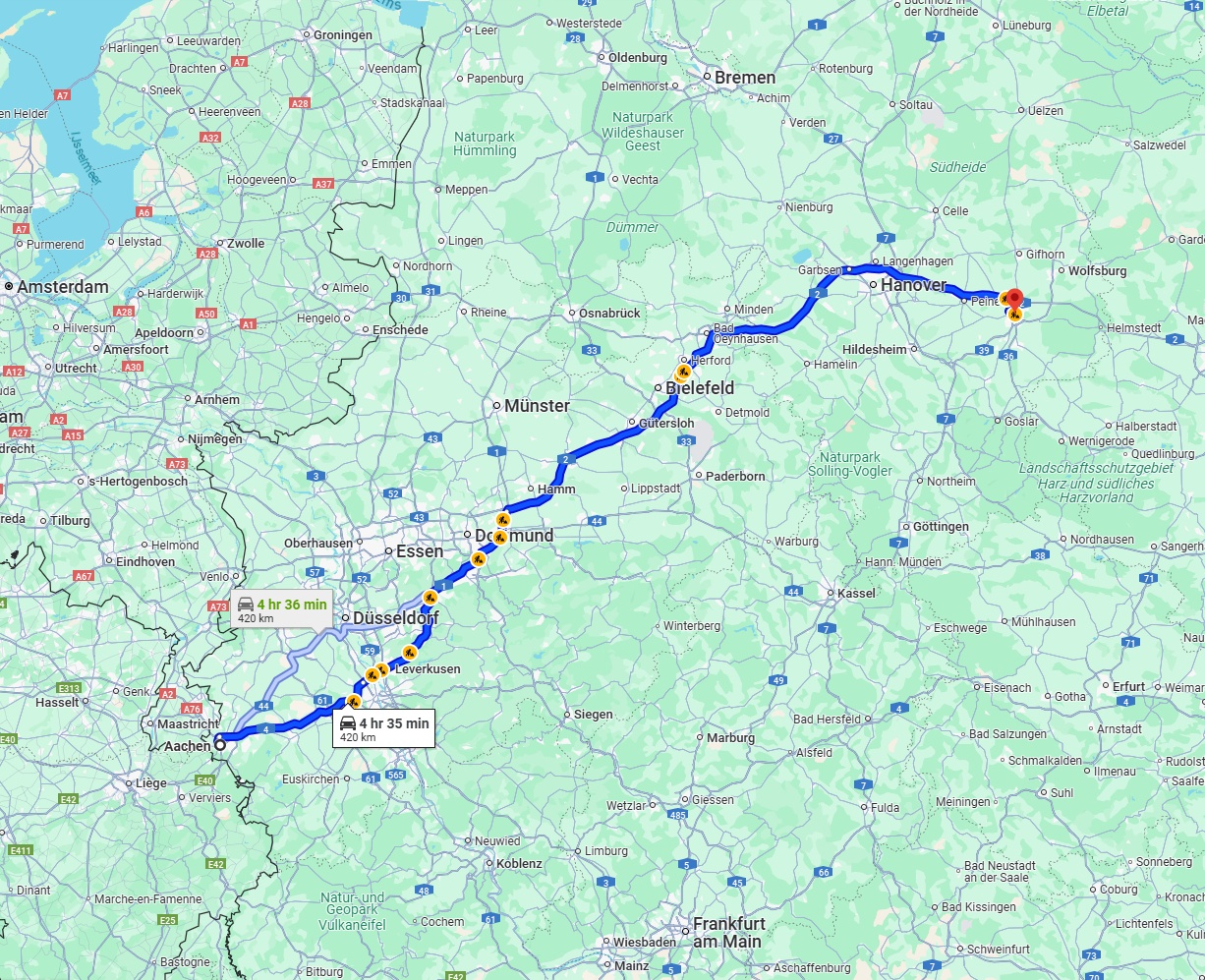 Anreise von Aachen Zu Braunschweig Über via A1 and A2