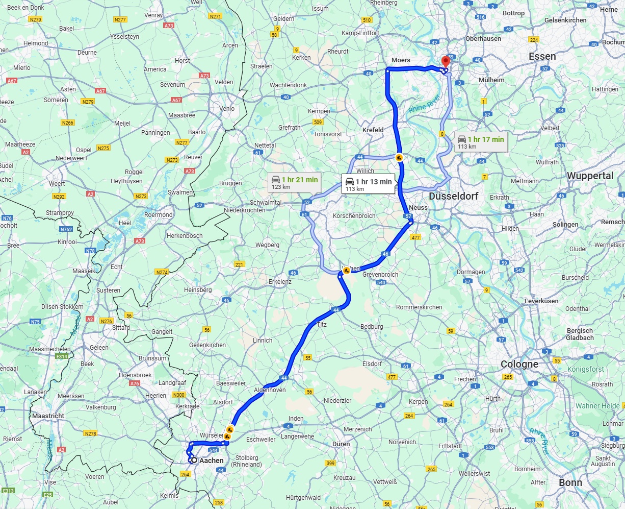 Anreise von Aachen Zu Duisburg Über via A44 and A57