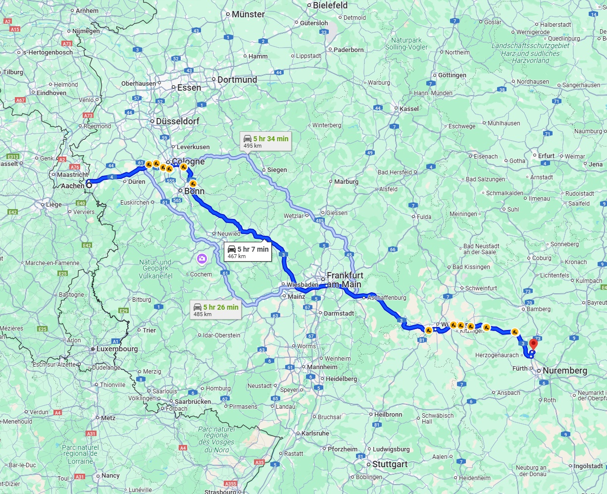 Anreise von Aachen Zu Erlangen Über via A3