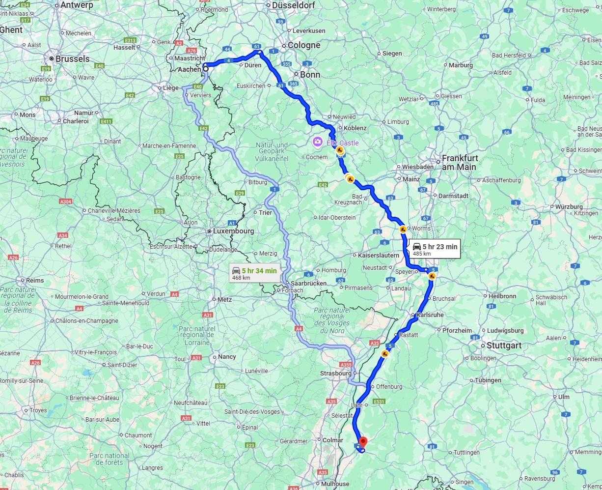 Anreise von Aachen Zu Freiburg im Breisgau Über via A61 and A5