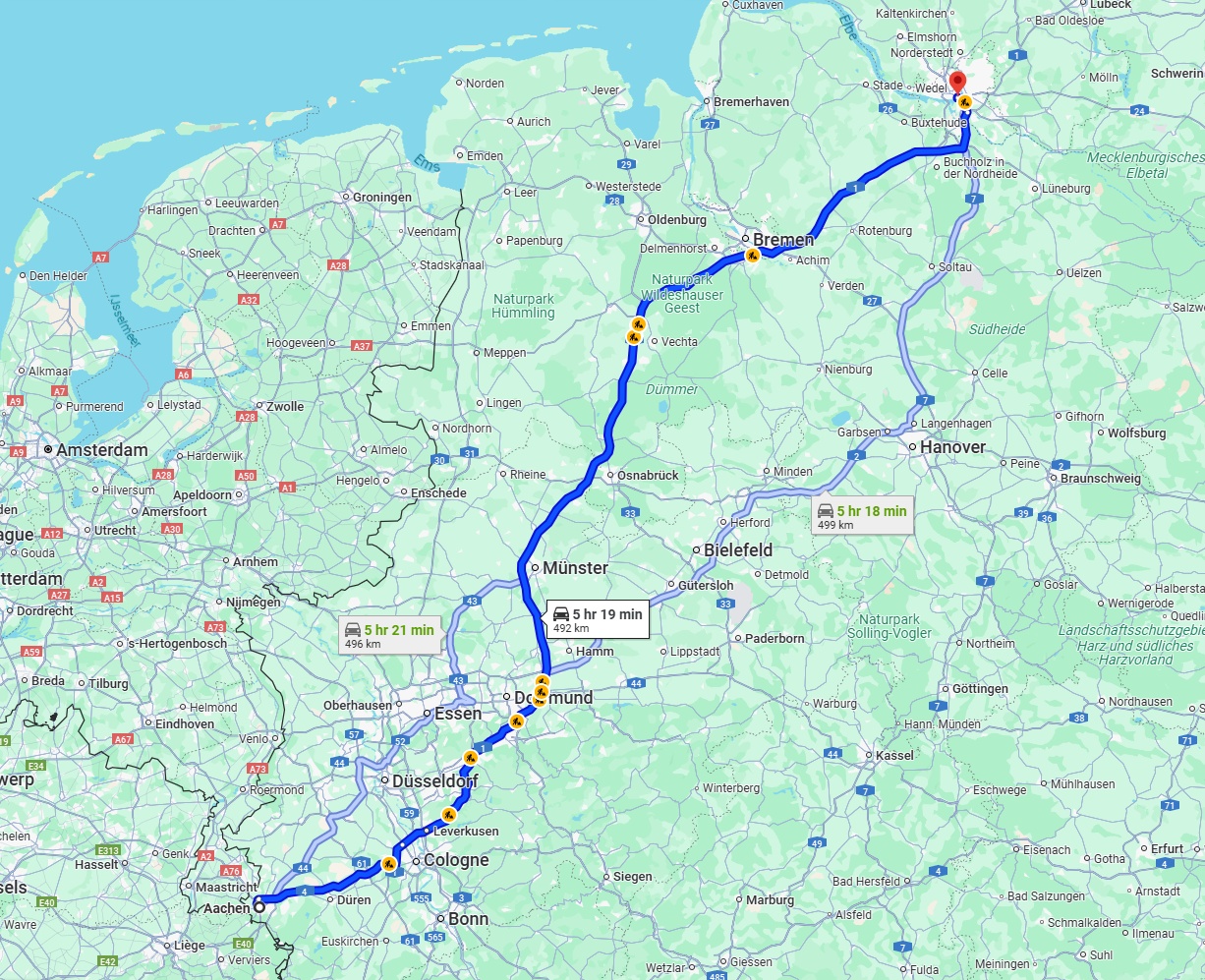 Anreise von Aachen Zu Hamburg Über via A1