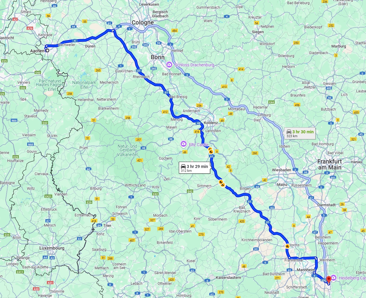 Anreise von Aachen Zu Heidelberg Über via A61