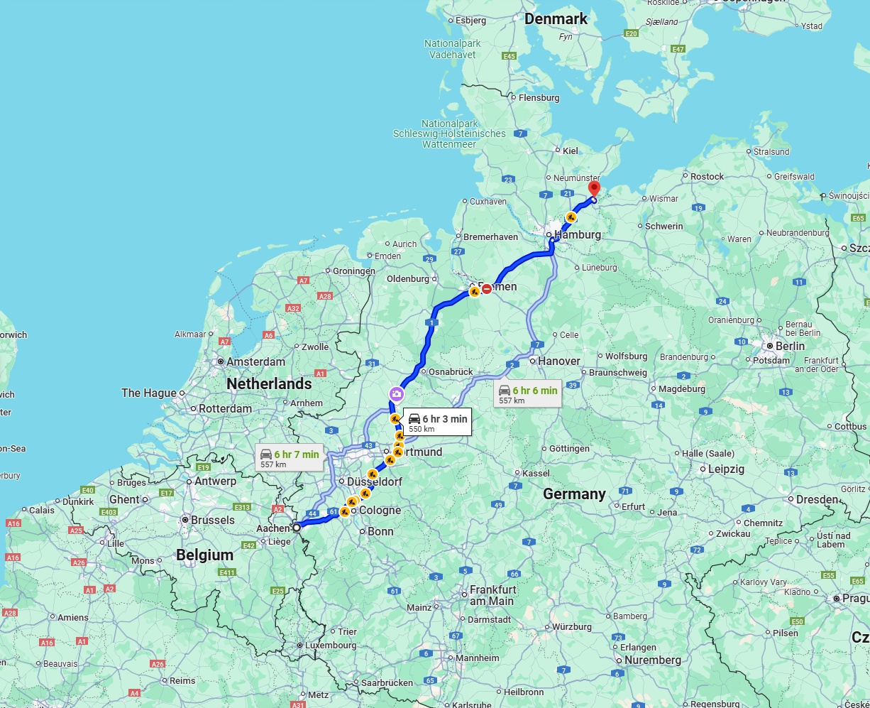 Anreise von Aachen Zu Lübeck Über via A1
