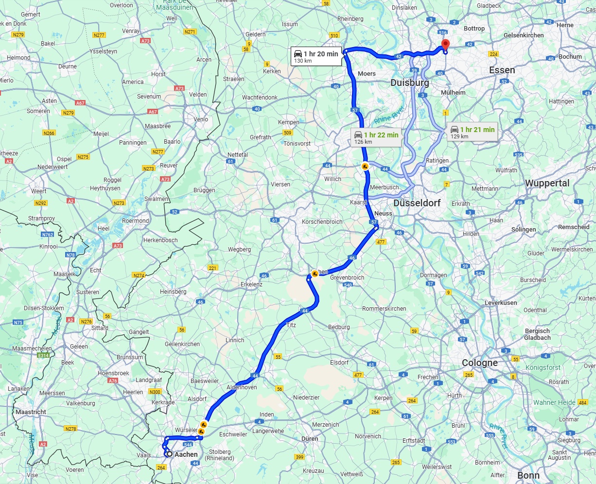 Anreise von Aachen Zu Oberhausen Über via A44 and A57