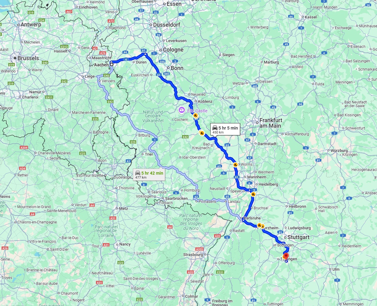 Anreise von Aachen Zu Reutlingen Über via A61