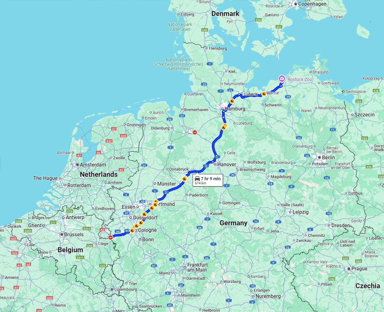 Anreise von Aachen Zu Rostock Über via A2 and A1