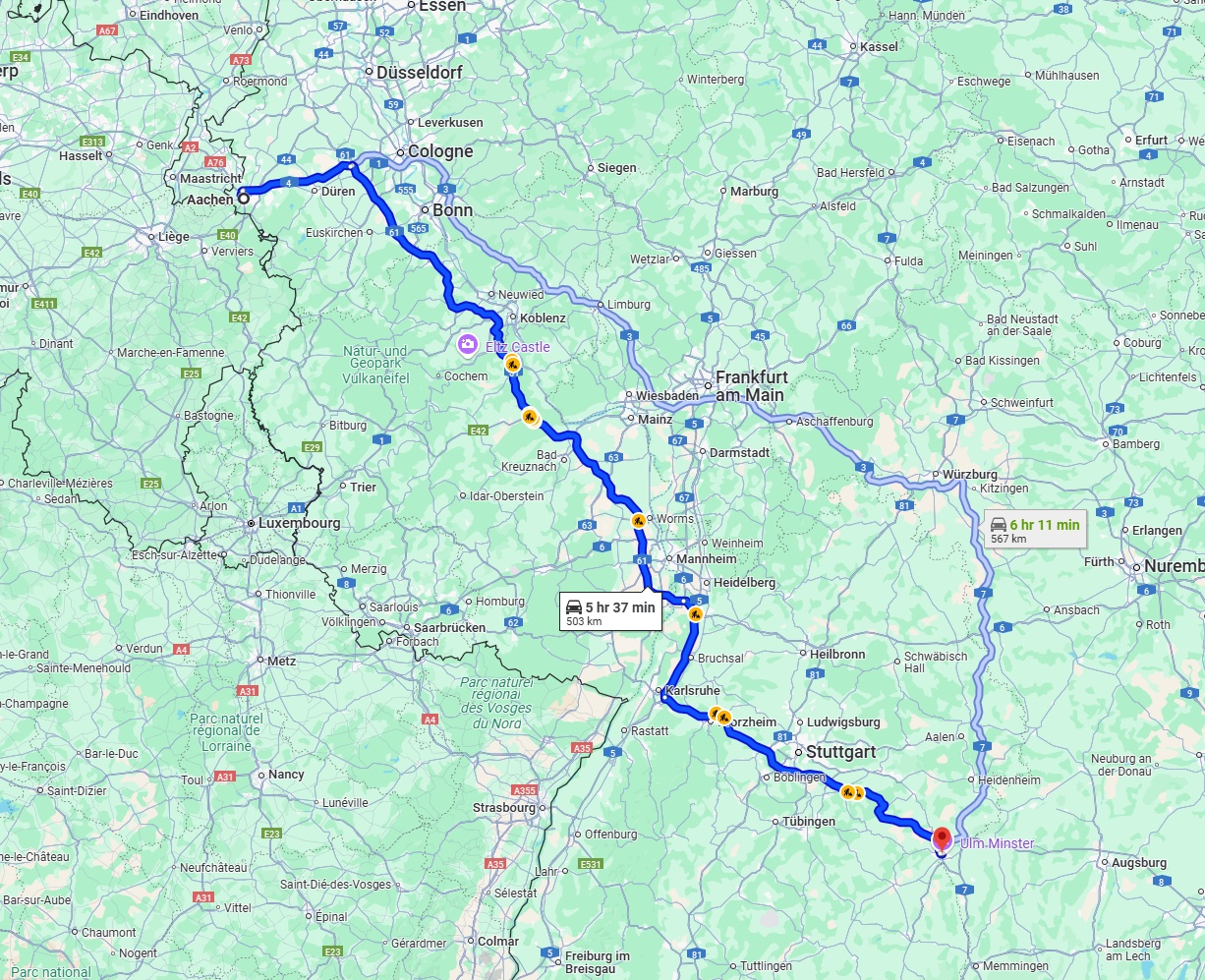 Anreise von Aachen Zu Ulm Über via A61 and A8