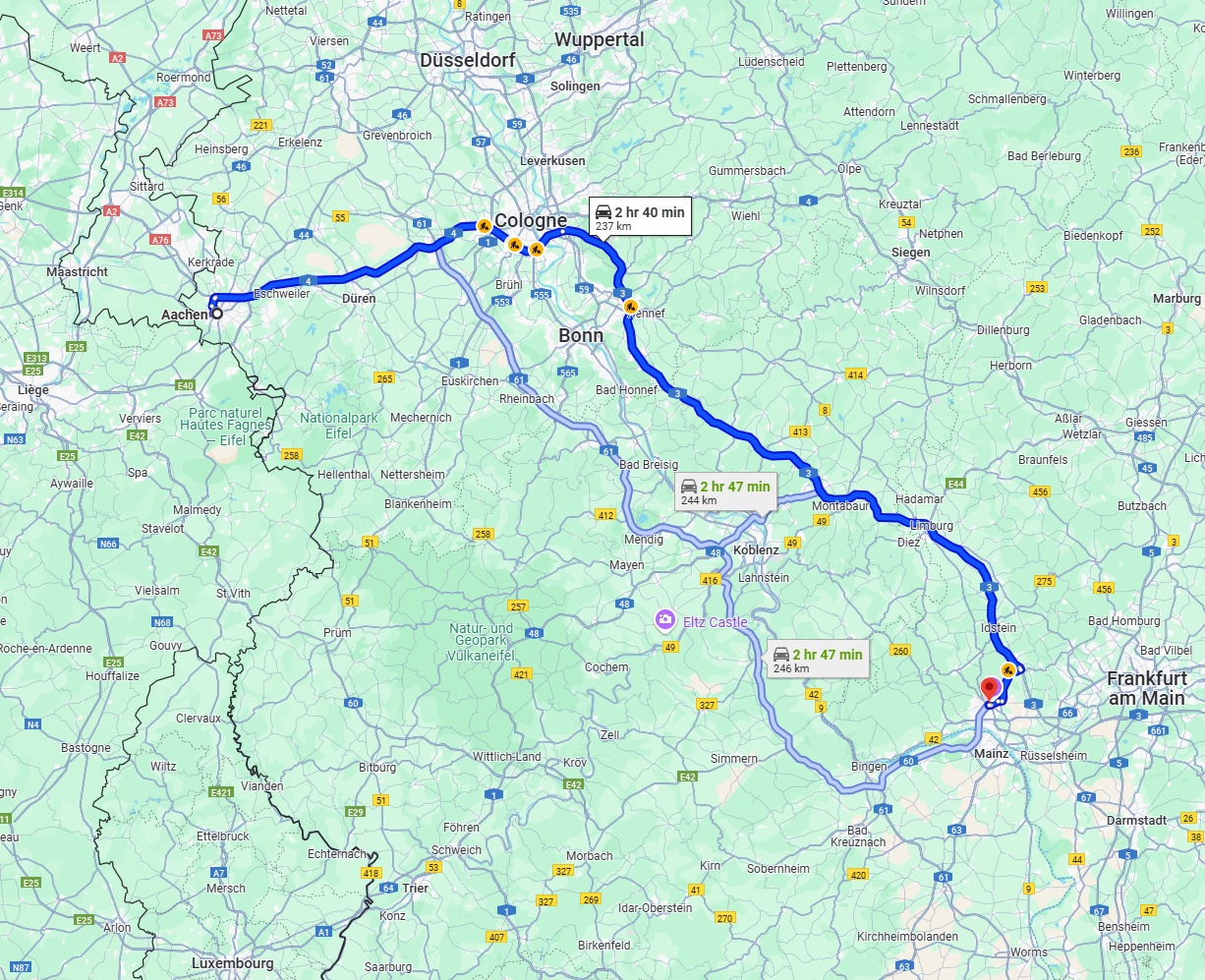 Anreise von Aachen Zu Wiesbaden Über via A4 and A3