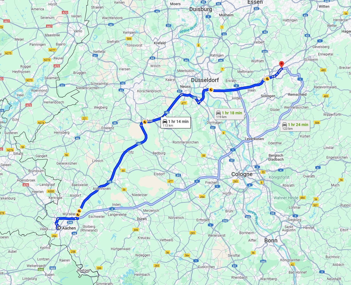 Anreise von Aachen Zu Wuppertal Über via A44 and A46